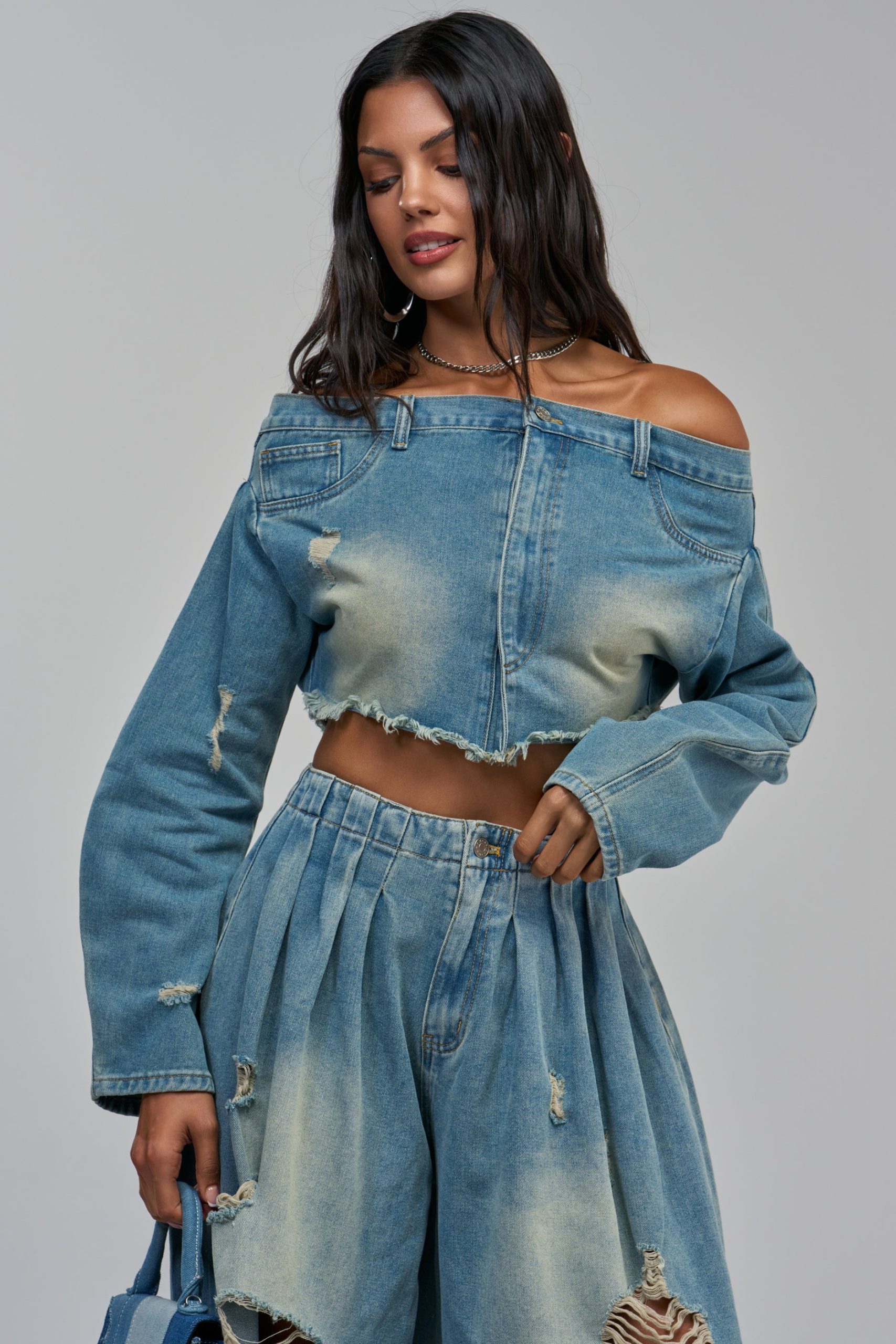 DENIM BLOUSE IN MEDIUM BLUE DENIM - Image 12