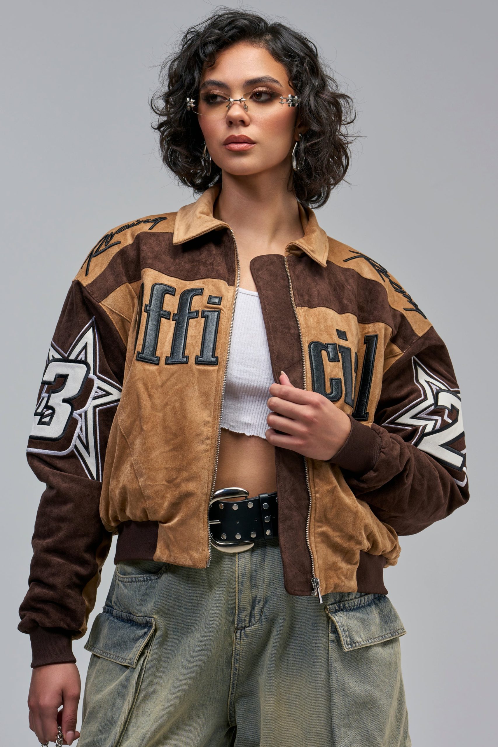 TRIED N TRUE VARSITY BOMBER IN FAUX SUEDE