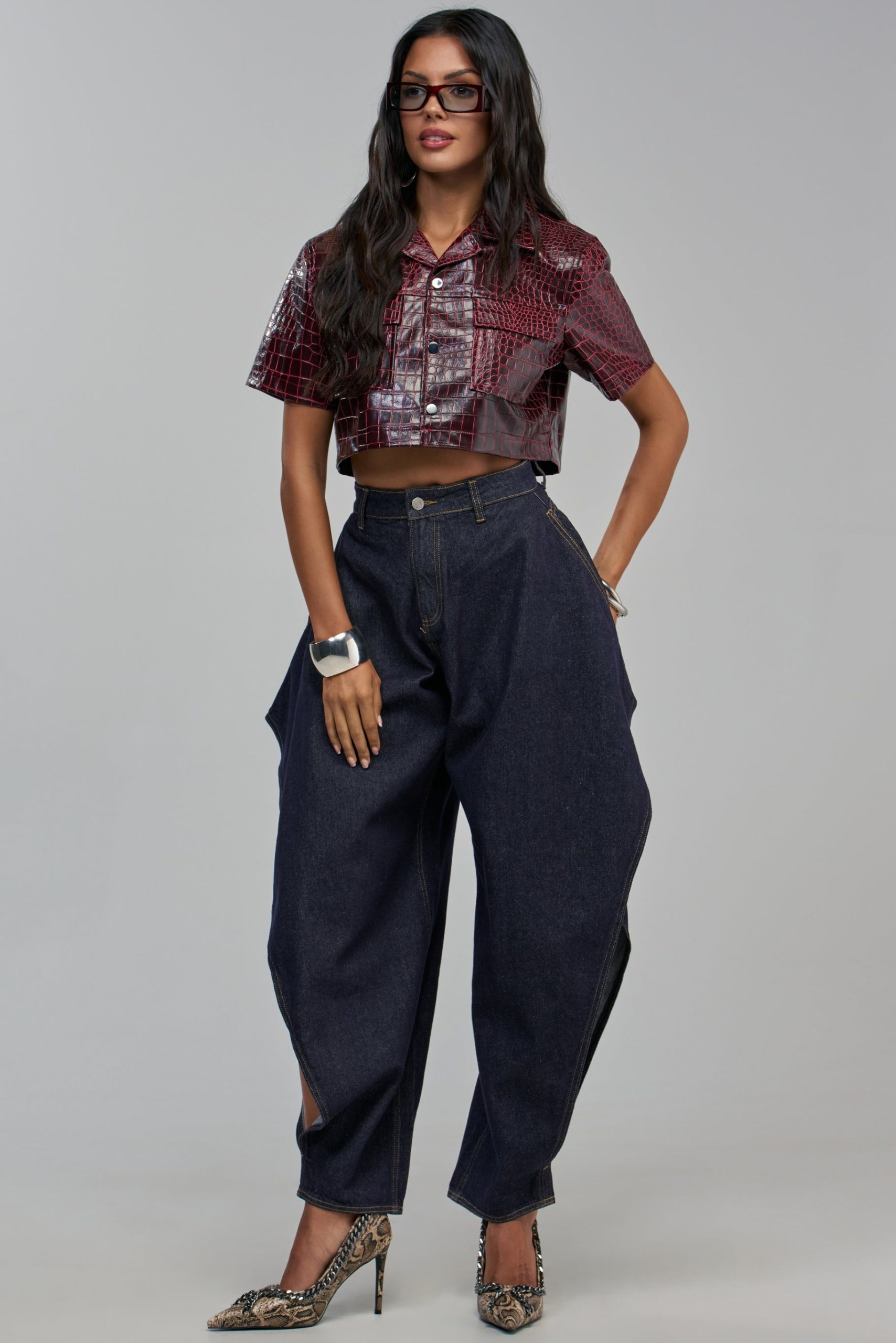 BORDEAUX CROC UTILITY CROP BUTTON DOWN